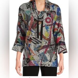 EUC Ali Miles Abstract Print Knit Cowl Neck Bracelet Sleeve Tunic   Petite Large